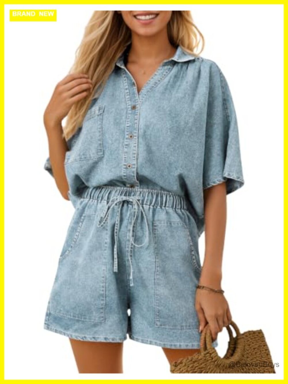 Denim 2 Piece Outfit Women Short Sleeve Crop Top Jean Shorts Summer Set